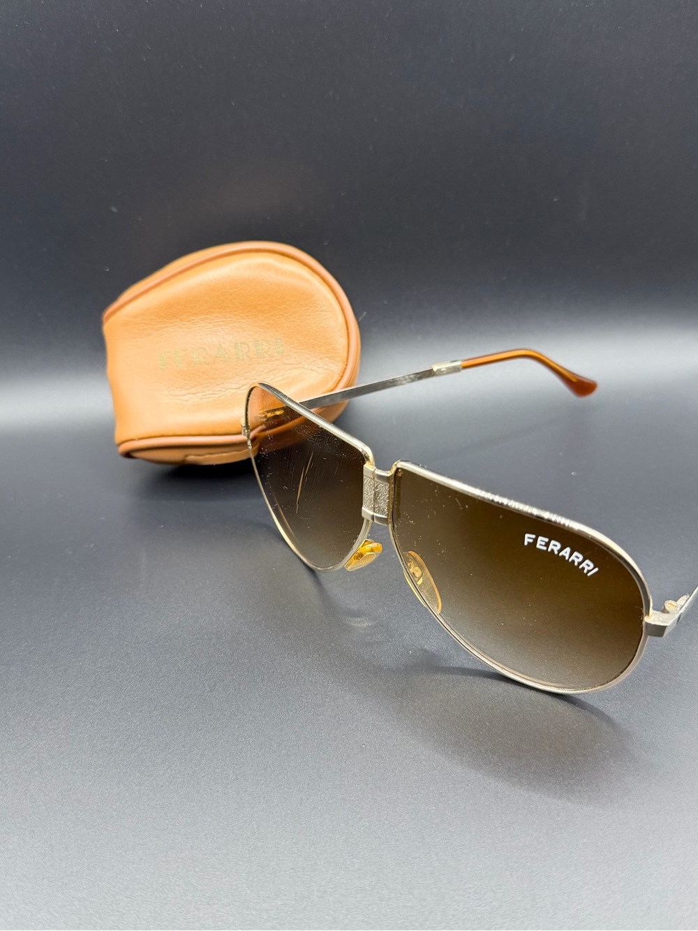 Vintage Ferrari Sunglasses Scratched Folding Black Frame Zip Case Aviator 80s